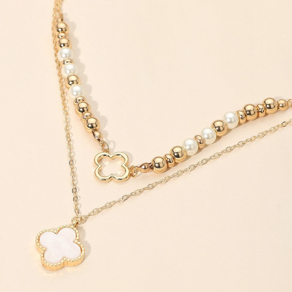 Gold Tone Layered Faux Pearl and White Clover Pendant Necklace Fashion Jewelry