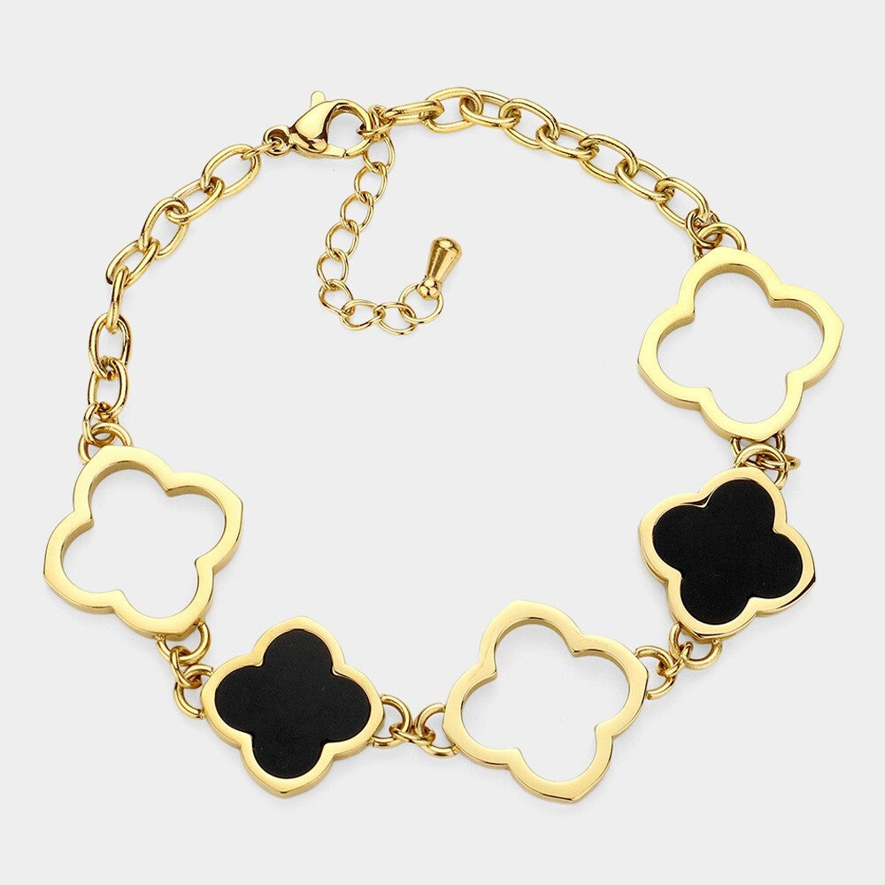 Stainless Steel Mother of Pearl Quatrefoil Link Bracelet Black & Gold