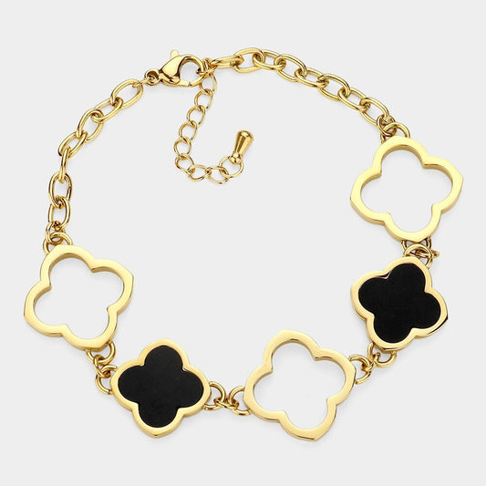 Stainless Steel Mother of Pearl Quatrefoil Link Bracelet Black & Gold