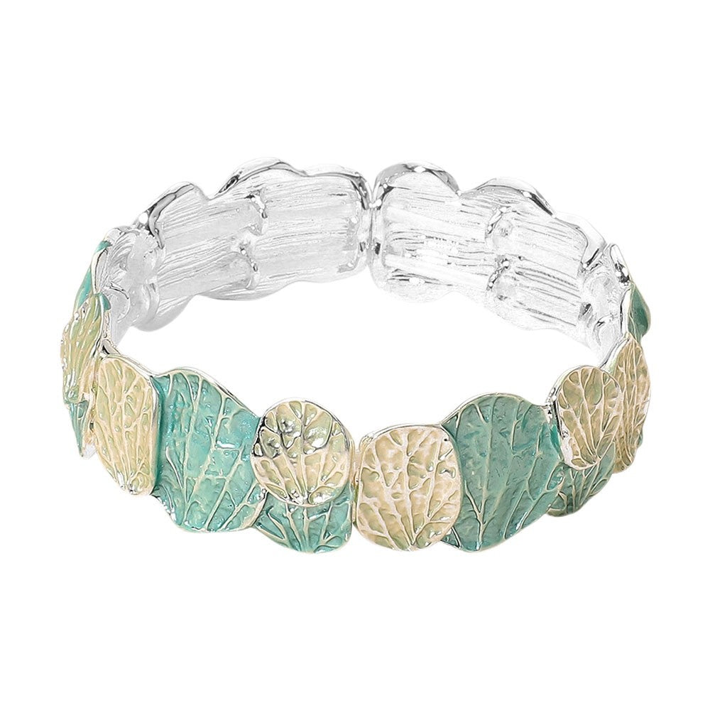 Silver Green Enamel Leaf Pattern Stretch Bracelet Nature Inspired Jewelry