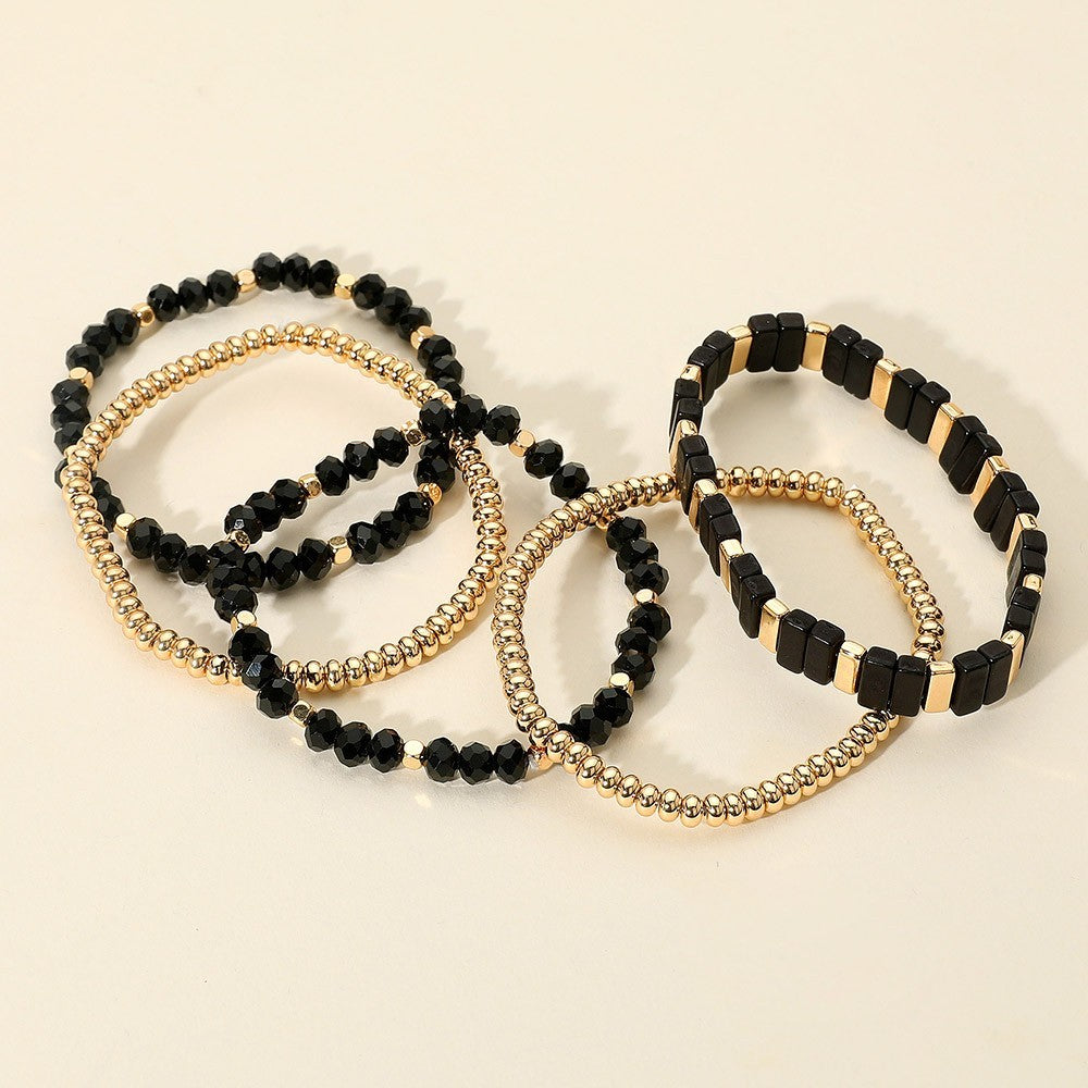 Women’s 5PCS Black and Gold Beaded Stretch Bracelet Set Multi Layered Jewelry