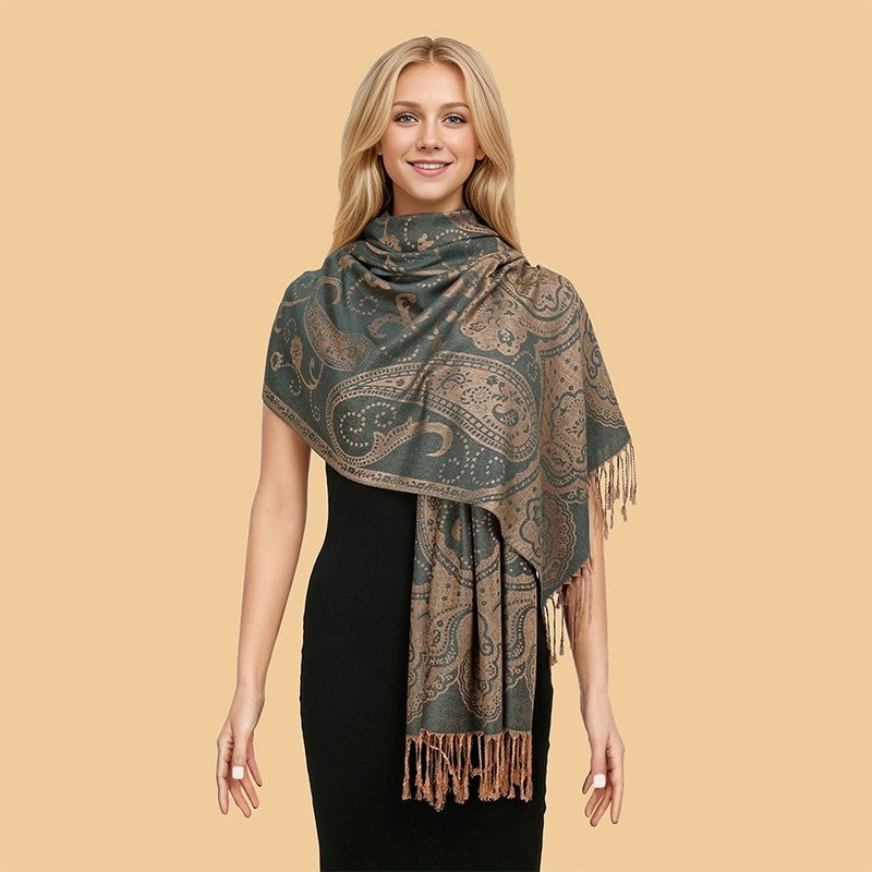 Cashmere Feel Paisley Scarf Shawl Wrap Jacquard Fringed Warm Green Taupe