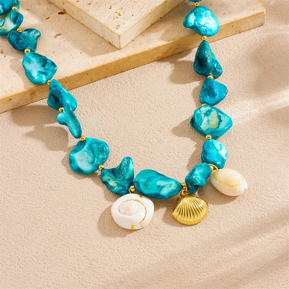 Stainless Steel Blue Stone Conch Shell Necklace | Trendy Sea-Inspired Jewelry