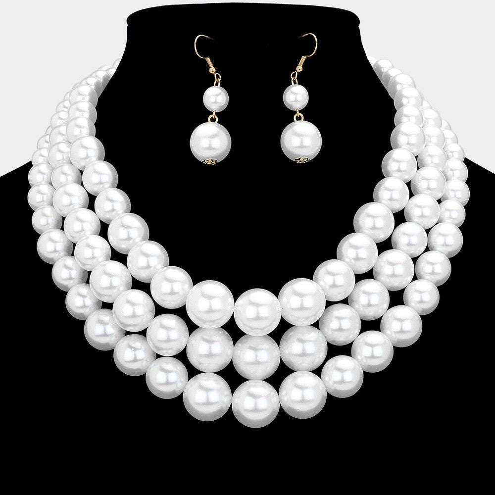 3-Strand White Faux Pearl Statement Necklace & Earring Set Graduated Bib 18-21"