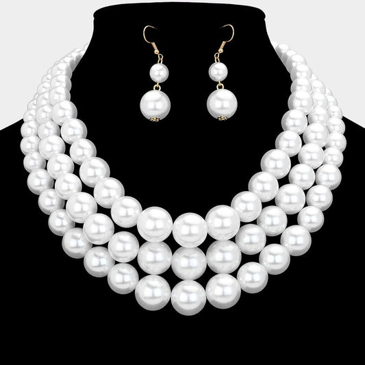 3-Strand White Faux Pearl Statement Necklace & Earring Set Graduated Bib 18-21"