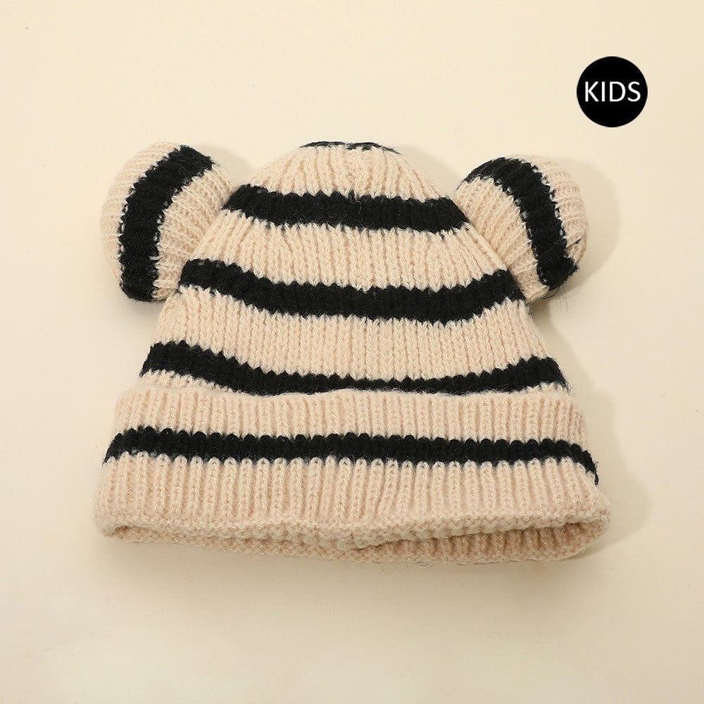 2-Pack Kids Striped Bear Ears Beanie Hats Set | Black/White & Beige/Black Sets