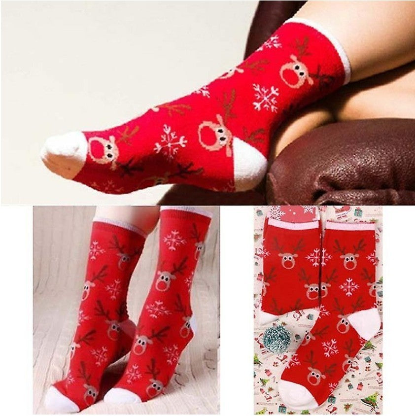 3-Pairs Red Reindeer Snowflake Christmas Cotton Crew Socks Unisex Gift Set