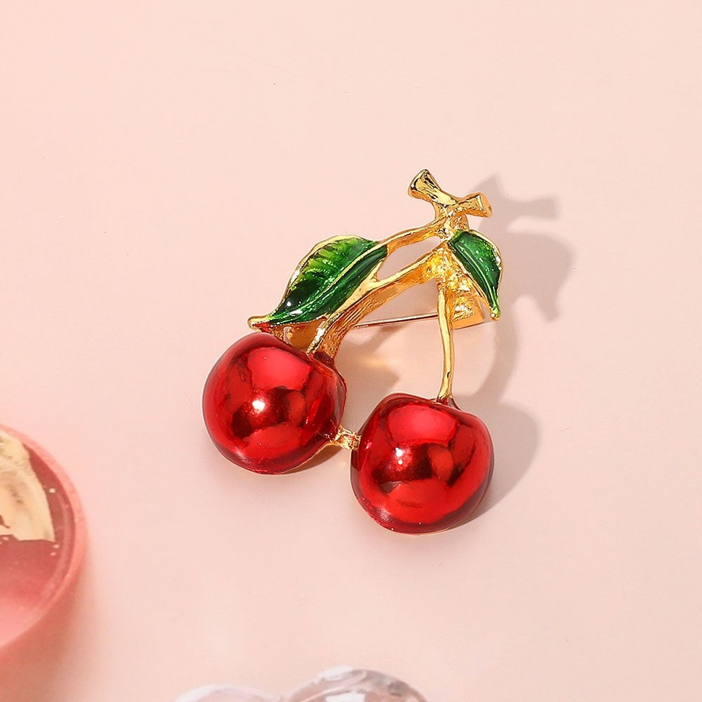 2pc Red Enamel Cherry Fruit Gold Brooch Pin Set - High Shine Vintage Style
