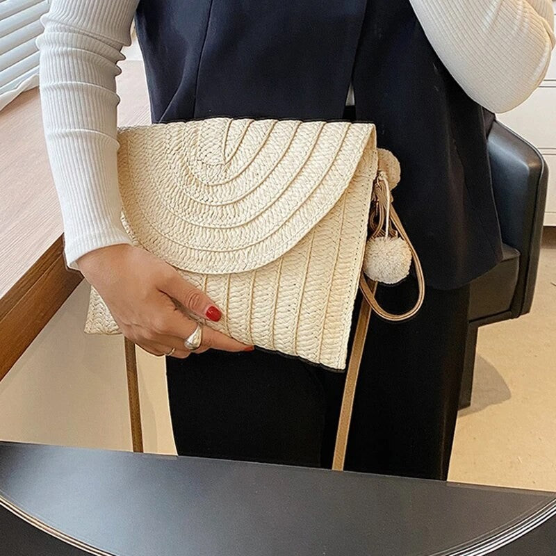 Handmade Woven Straw Envelope Crossbody Bag | Summer Clutch with Hair Ball Charm