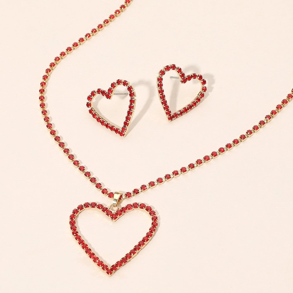 2pcs Radiant Red Heart Rhinestone Pendant Necklace and Stud Earring Jewelry Set