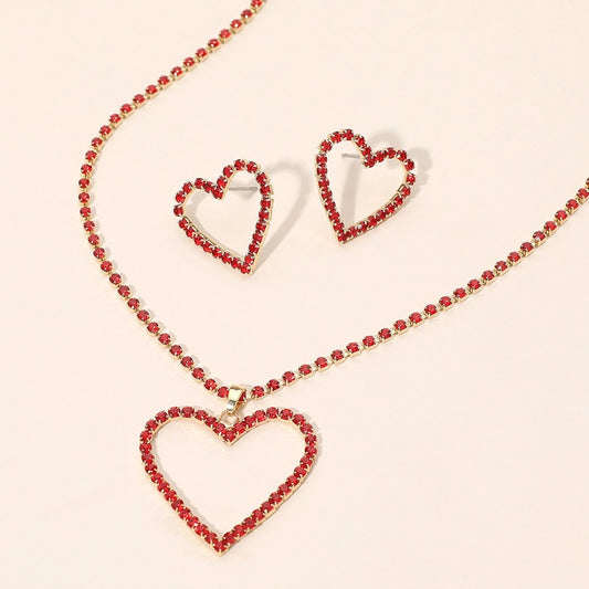 2pcs Radiant Red Heart Rhinestone Pendant Necklace and Stud Earring Jewelry Set