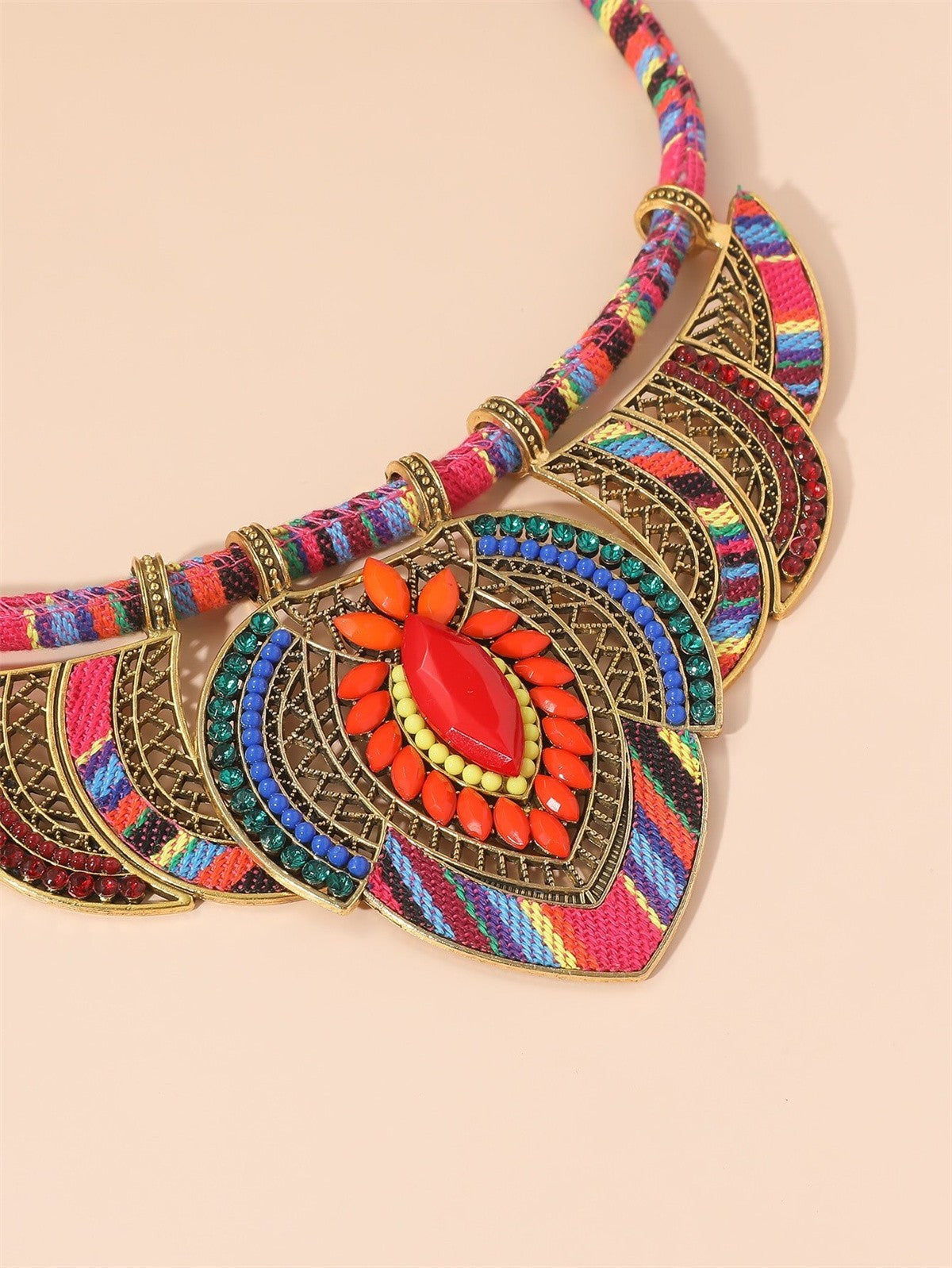 Chunky Bohemian Multi-Color Fabric Rope Bib Necklace Tribal Statement Jewelry