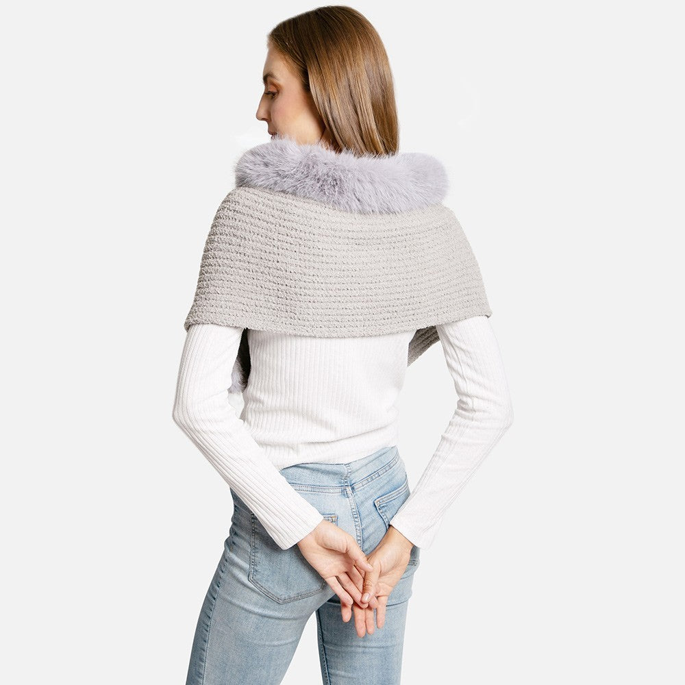 Gray Knit Shawl Wrap Faux Fur Trim Cable Sweater Capelet One Size