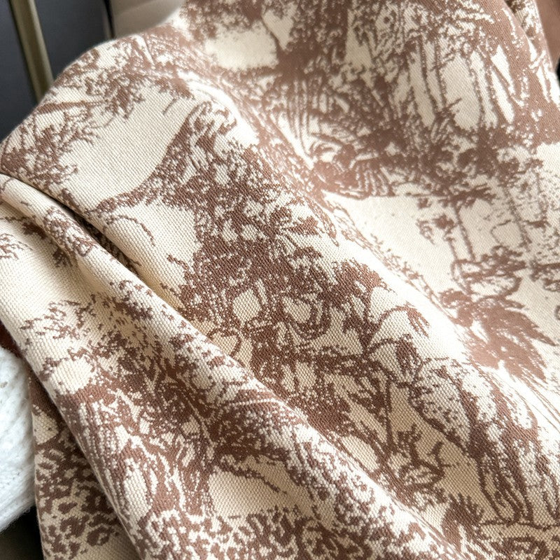 Oversized Light Tan Toile De Jouy Print Blanket Scarf Shawl Wrap Fringed Warm