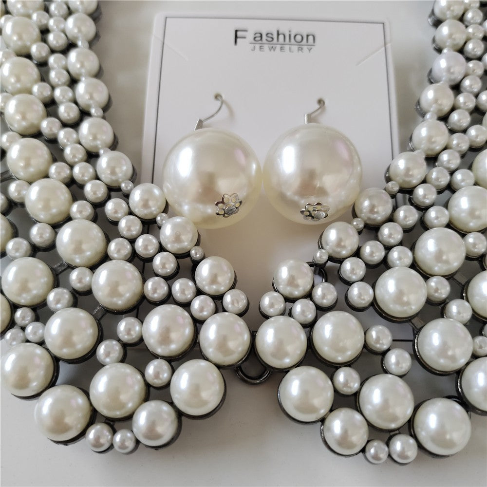 2pcs Statement Faux Pearl Bib Necklace and Oversized Pearl Drop Earring Set