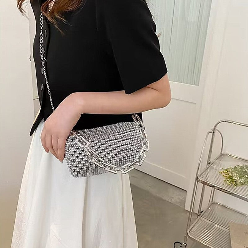 Silver Tone Rhinestone Evening Bag Crystal Clutch Thick Chain Shoulder Handbag