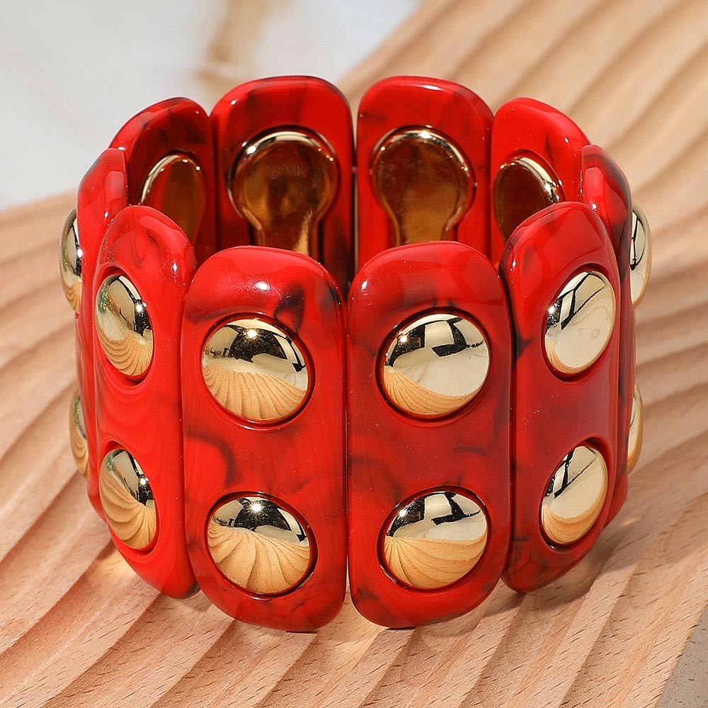 2Pcs Red Marble Resin Wide Segmented Stretch Bracelet Gold Stud Statement