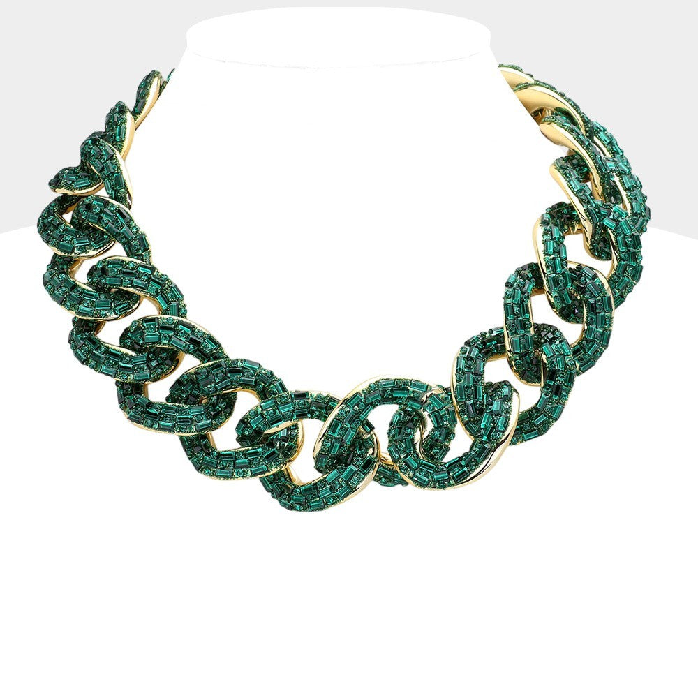 Women's Stone Paved Embellished Chunky Chain Necklace Lobster Clasp Gold Tone