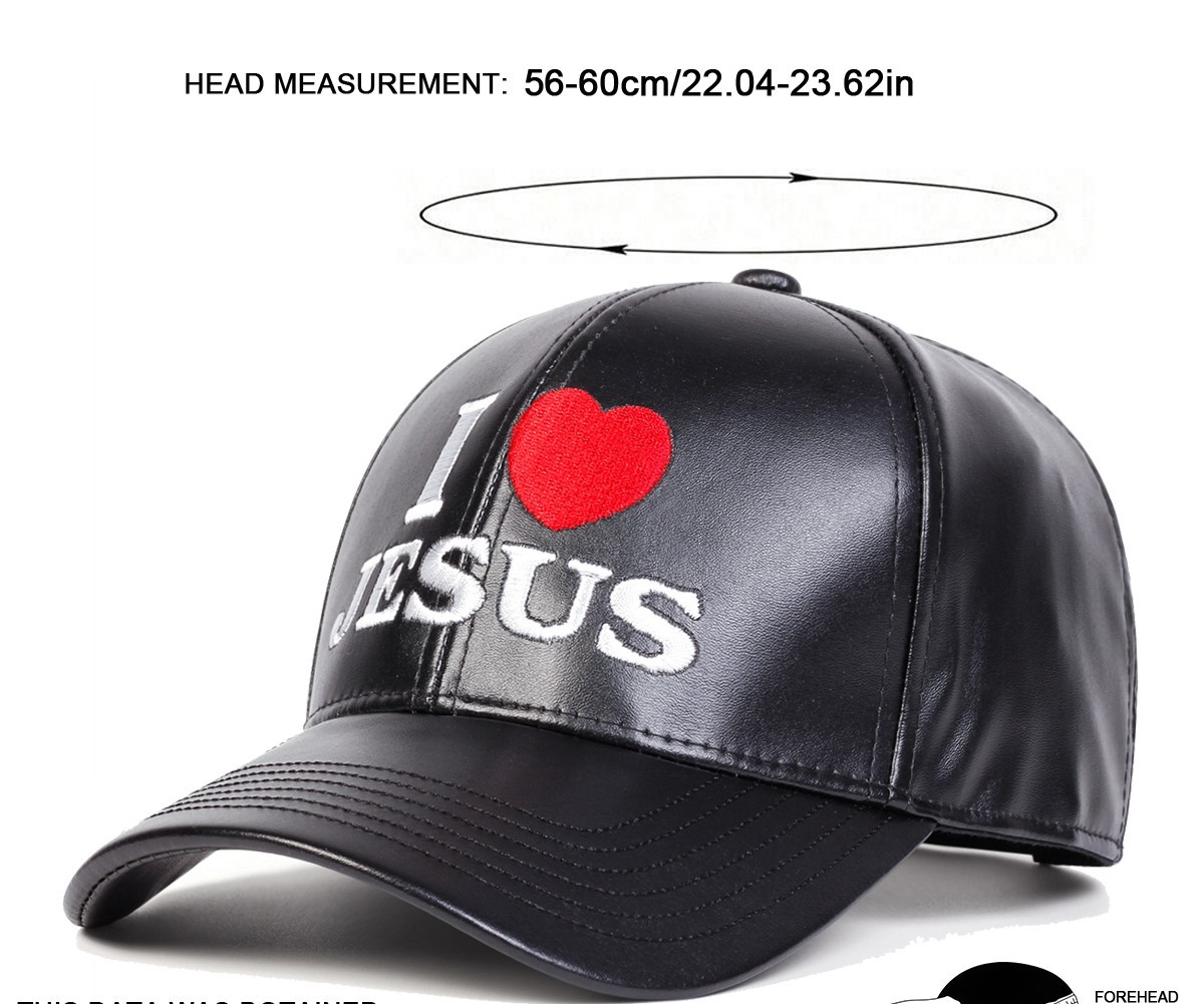 I Love Jesus Black Faux Leather Baseball Cap Christian Embroidered Hats