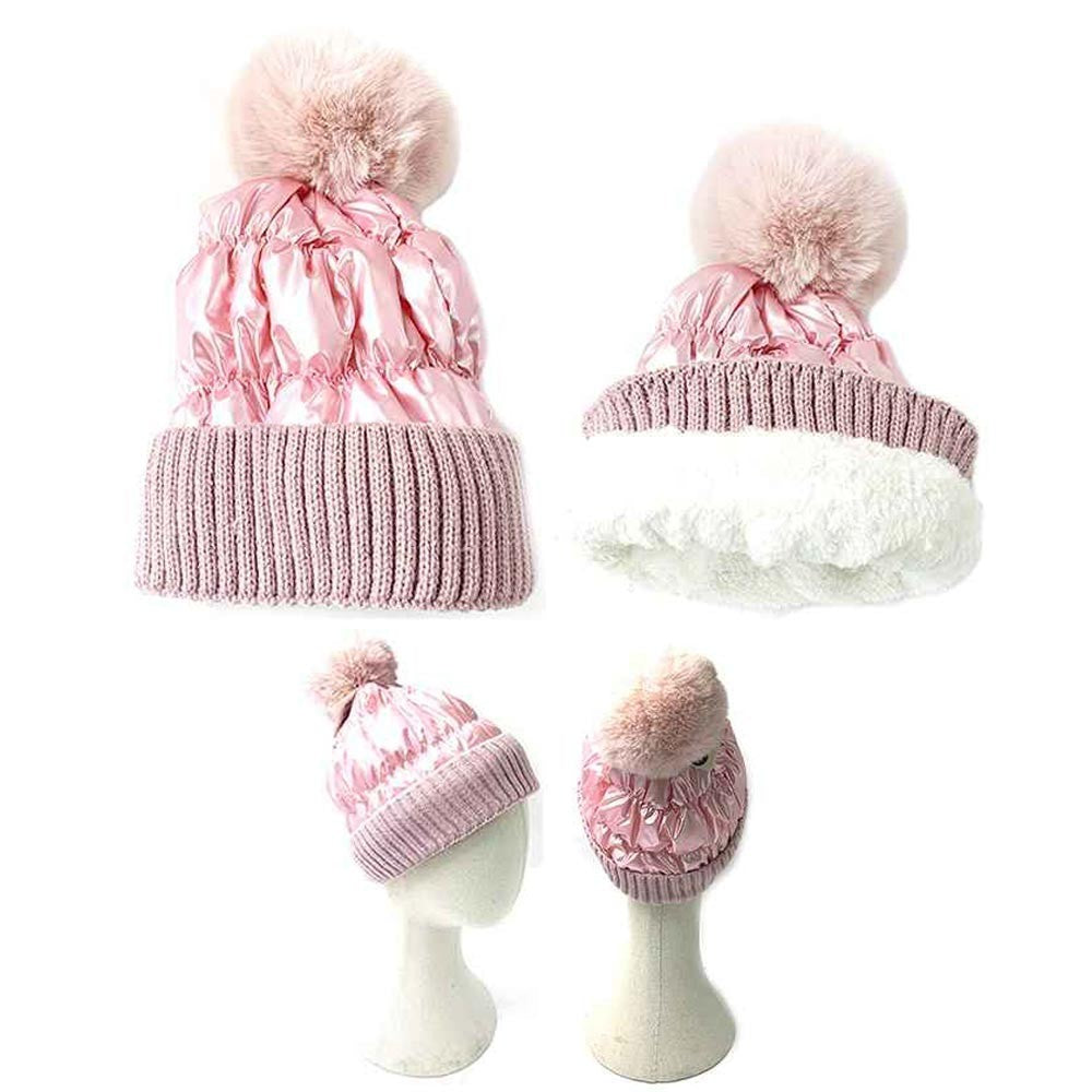 Metallic Pink Quilted Beanie Hat with Pom Pom Fleece Lined Winter Cap One Size