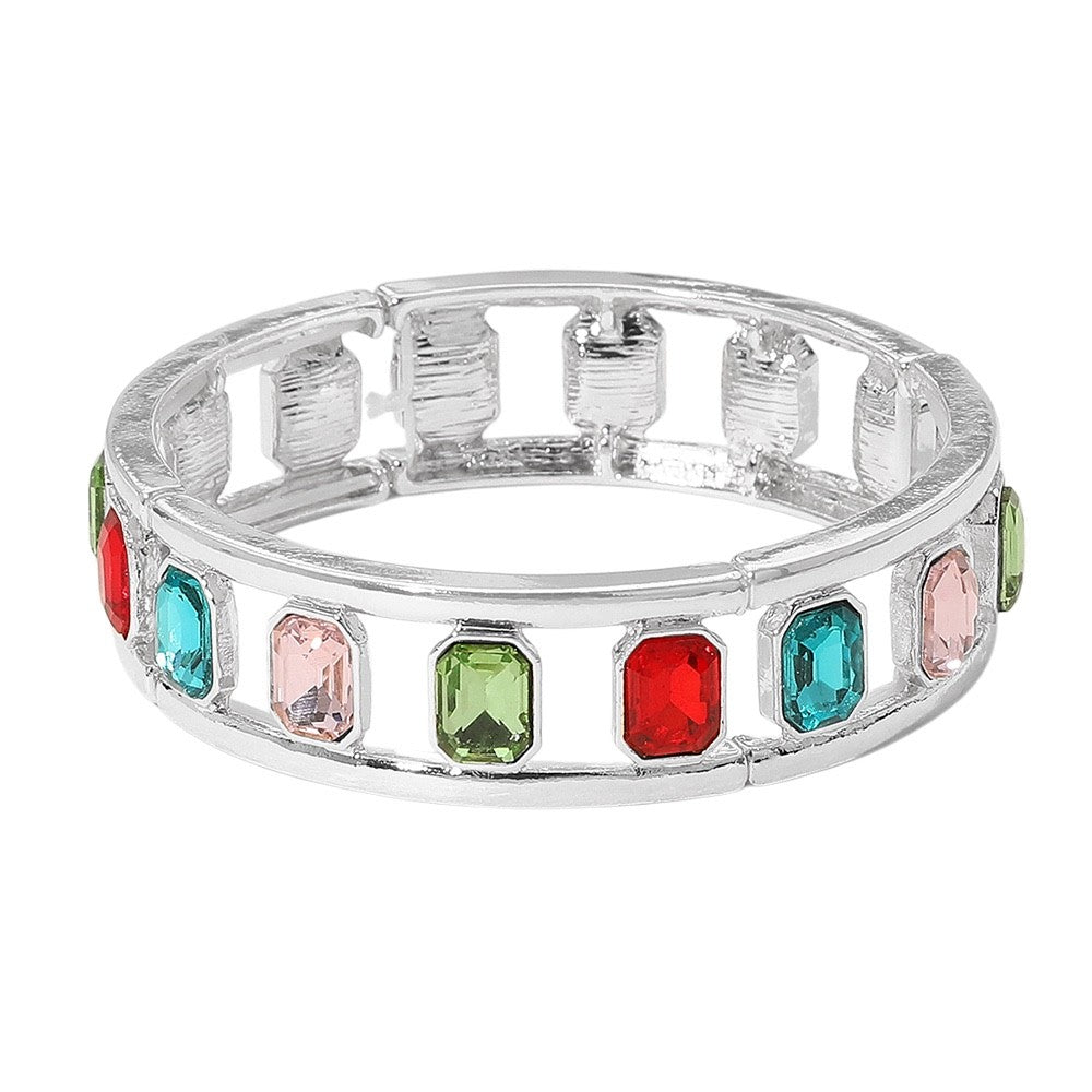 Multicolor Crystal Emerald Cut Stretch Bangle Bracelet Silver Tone 0.6 Inch High