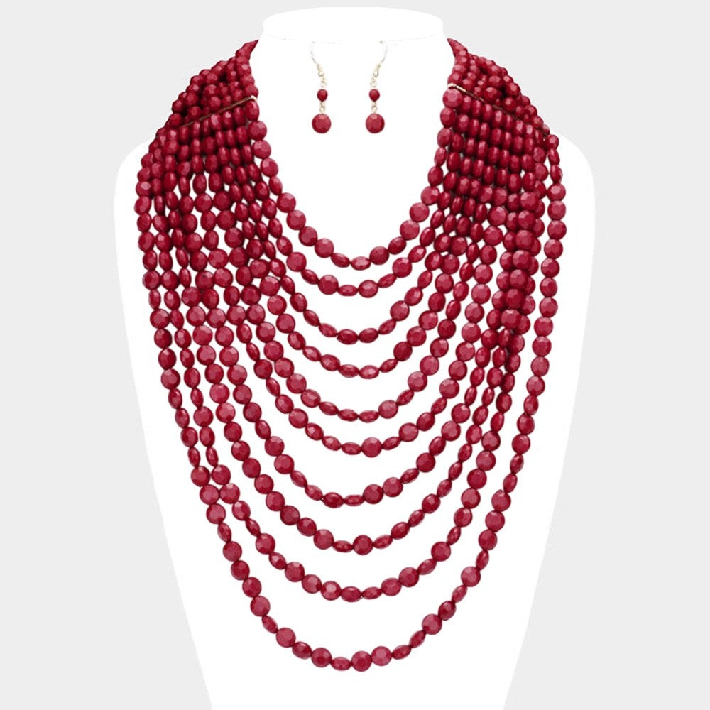 2pcs Bold Maroon Multi Strand Beaded Statement Necklace & Drop Earring Set