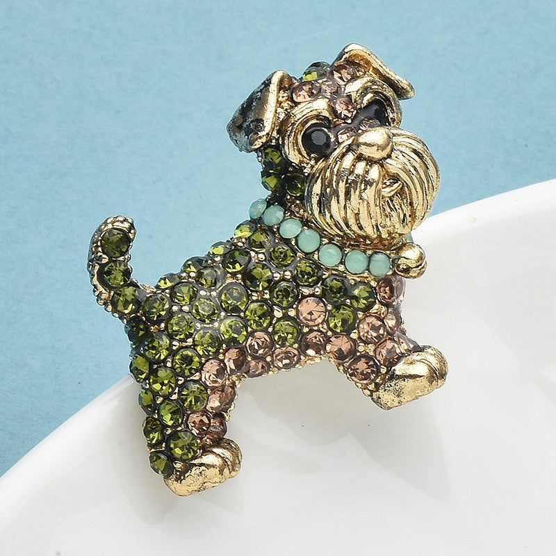 Vintage Style Schnauzer Dog Brooch Green Brown Rhinestone Figural Pin