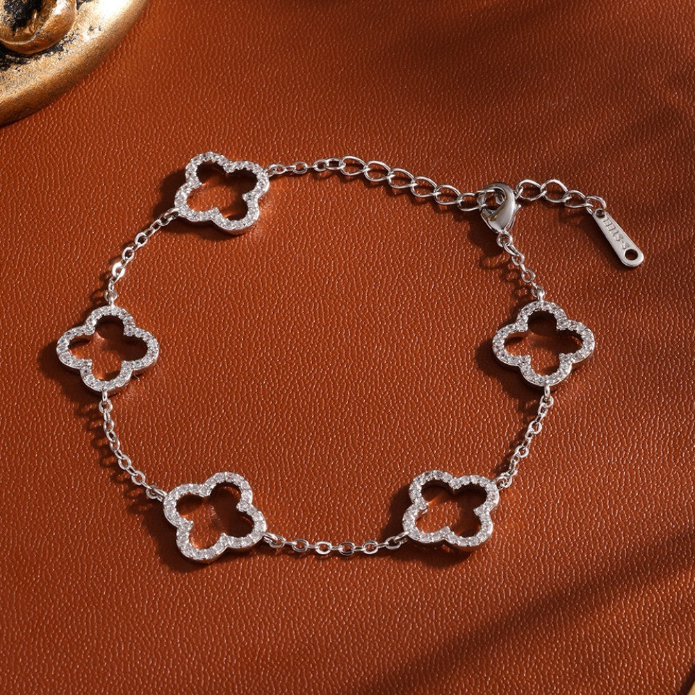 2pcs Gold and Silver Clover Bracelet Set Pavé Rhinestones