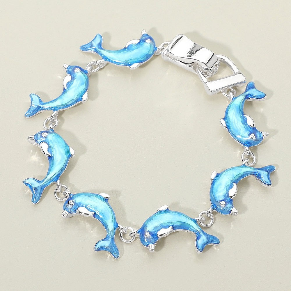 Blue Enamel Dolphin Link Bracelet Silver Tone Coastal Nautical Beach Jewelry