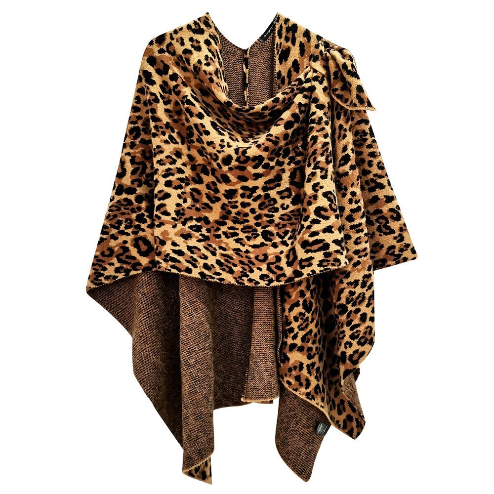 Leopard Pattern Animal Printed Knit Ruana Poncho Sleeve Shawl for Women Pullover