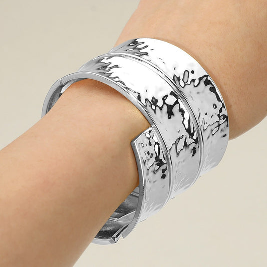 Bold Wide Textured Silver Tone Metal Hinged Bangle Bracelet for Women