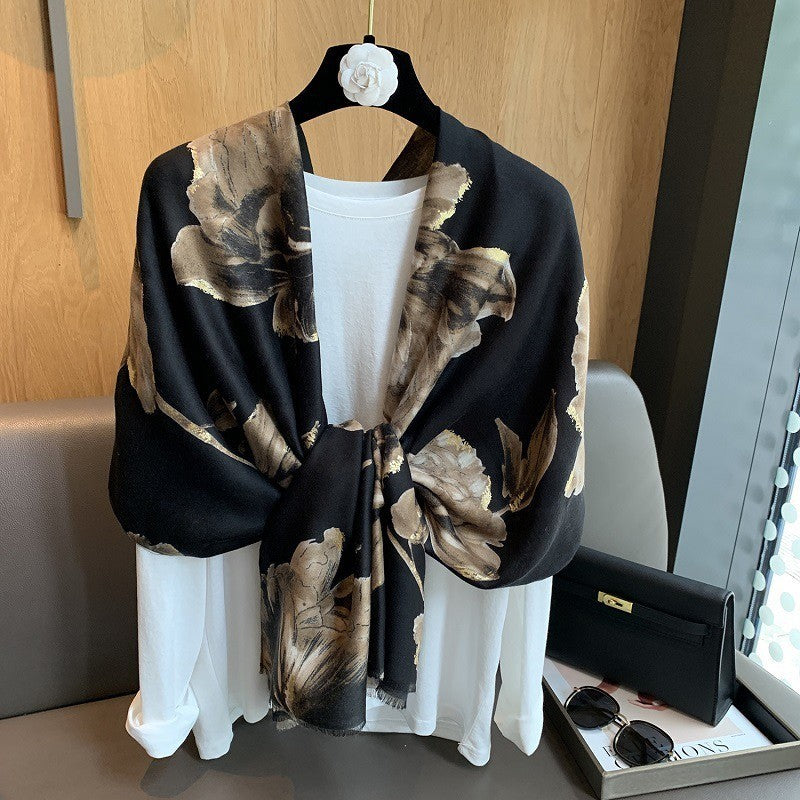 Black Gold Floral Scarf Oversized Cotton Viscose Shawl Wrap Large Flower Pashmin