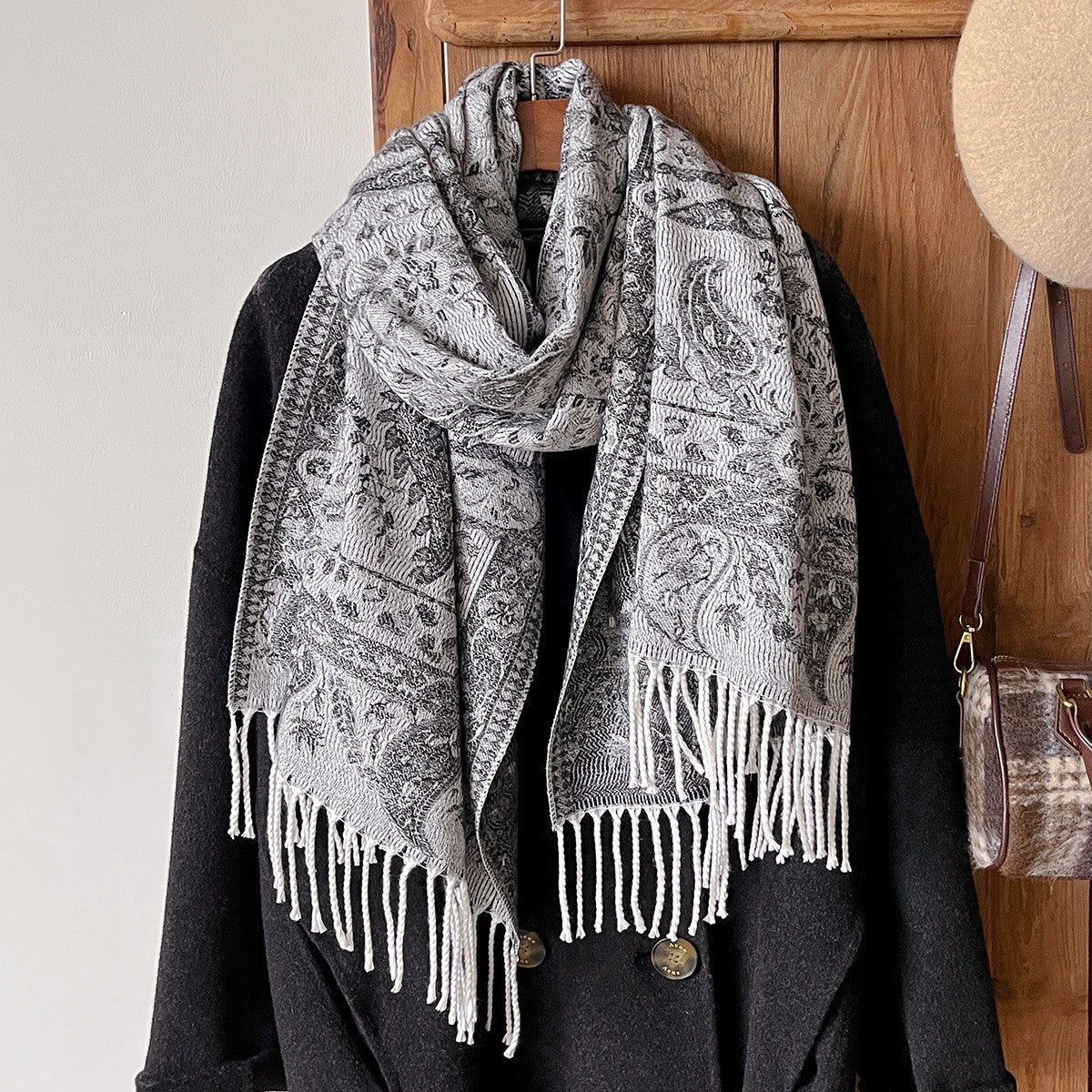 Oversized Black Gray Paisley Shawl Wrap Scarf Reversible Fringed Winter