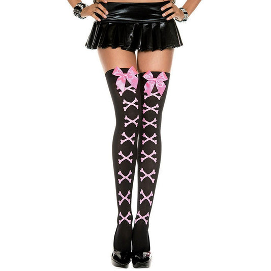 Pink Bow Skull Bones Corset Thigh High Stockings Goth Punk Rave OSFM