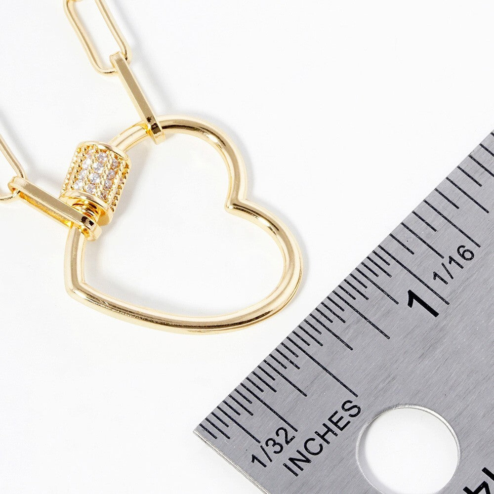 Gold Dipped CZ Stone Paved Open Heart Carabiner Pendant Paperclip Chain Necklace