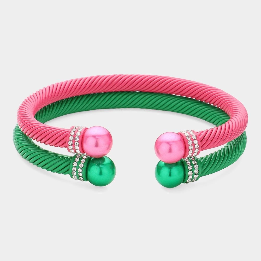 2pc Pink Green Twisted Cable Cuff Bracelet Set Rhinestone Pearl Accents Jewelry