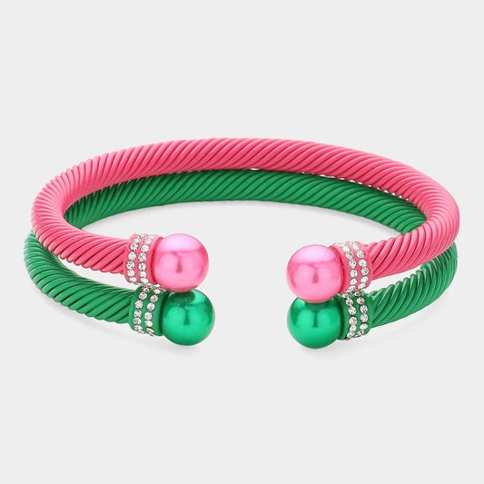 2pc Pink Green Twisted Cable Cuff Bracelet Set Rhinestone Pearl Accents Jewelry