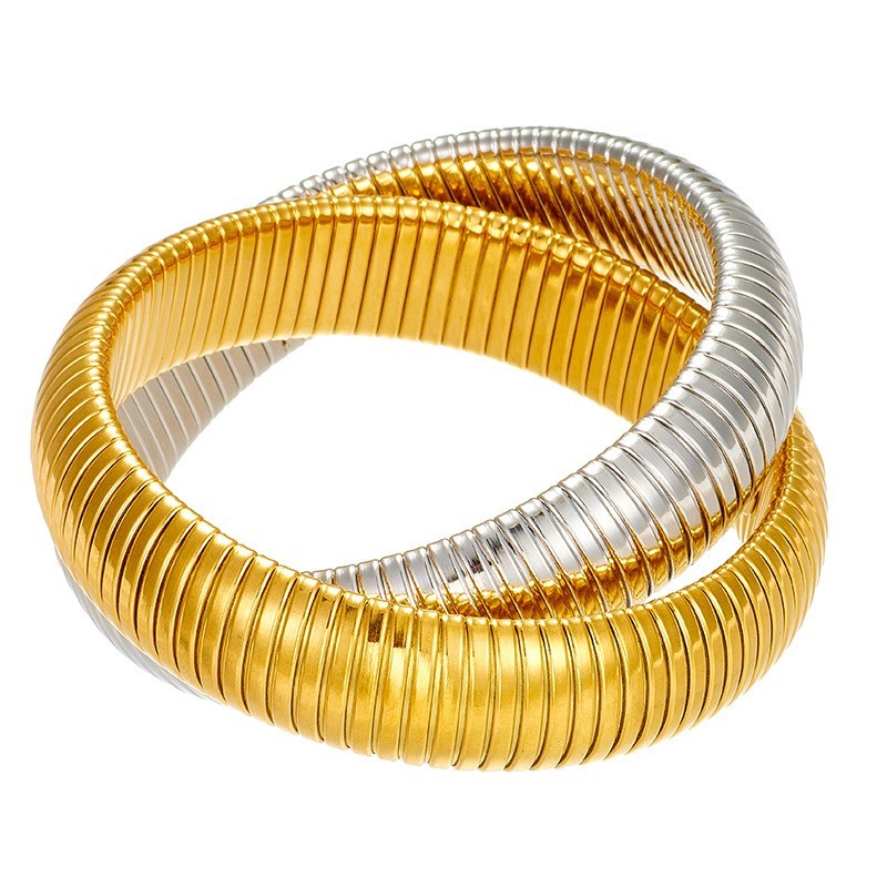 2 PC Tubogas Bracelets Set Gold & Silver Tone Ribbed Flexible Bangle