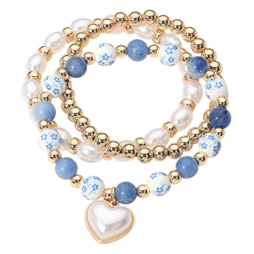 3PCS Pearl Heart Charm Floral Ceramic Stretch Beaded Layered Bracelets