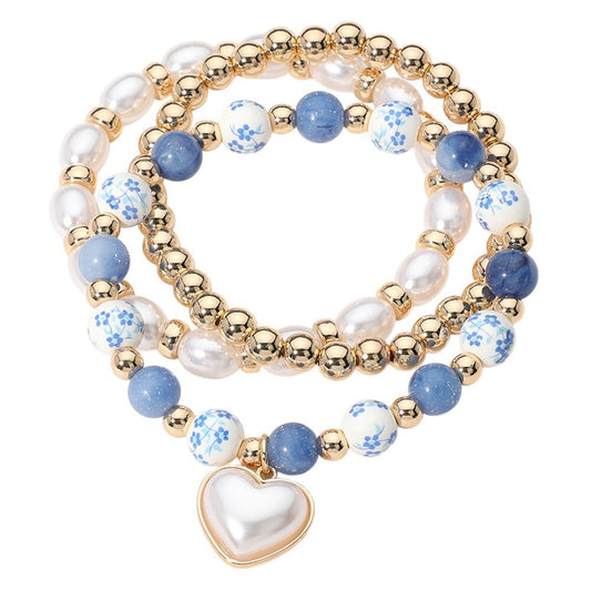 3PCS Pearl Heart Charm Floral Ceramic Stretch Beaded Layered Bracelets
