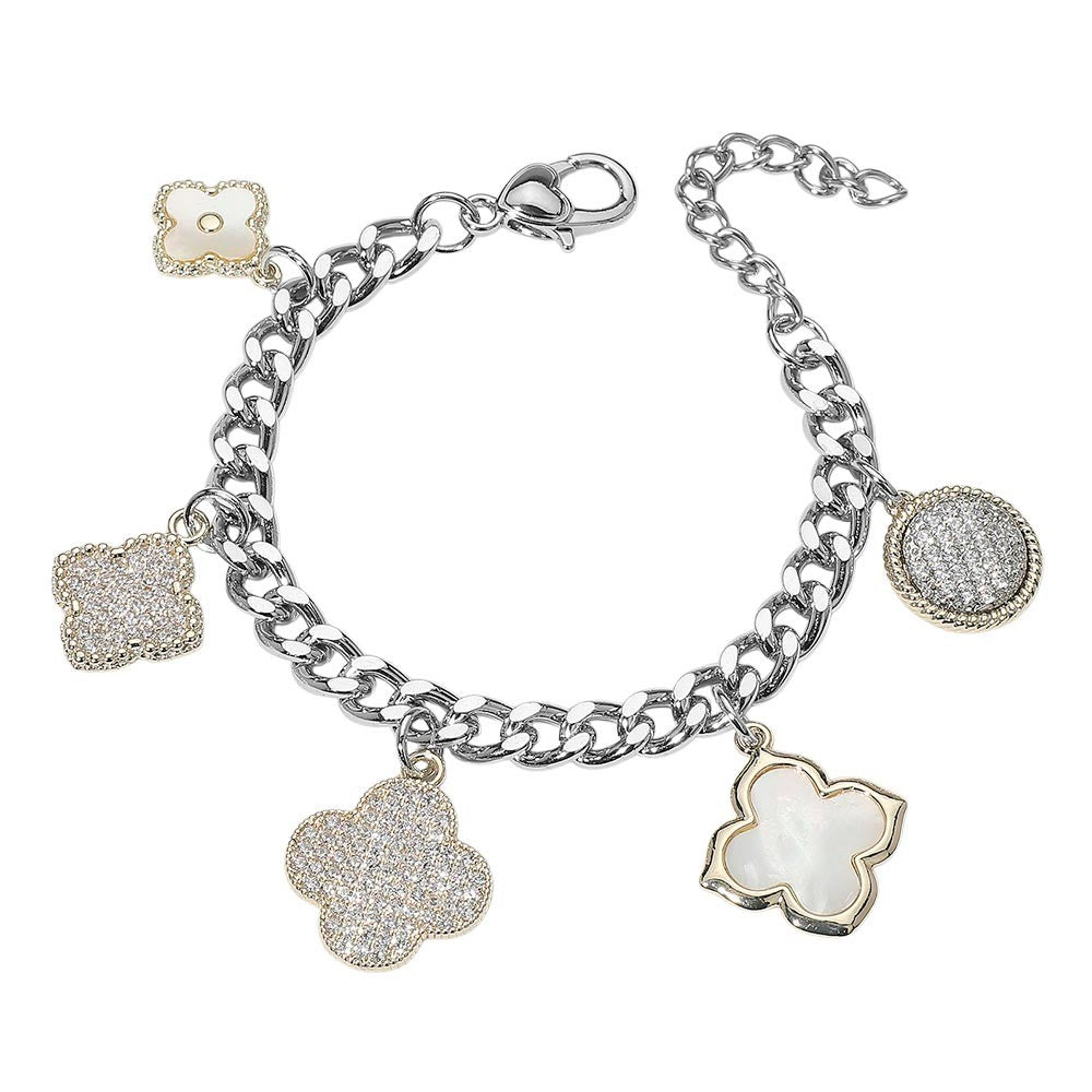 2Pcs White Mother of Pearl 5-Clover Charm Bracelet Set 14K Gold Plated CZ Link