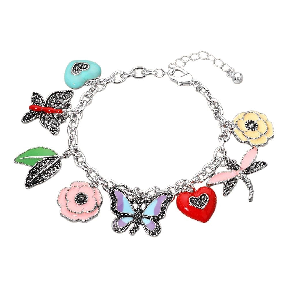 Silver Butterfly & Flower Enamel Charm Bracelet - Adjustable Nature Jewelry