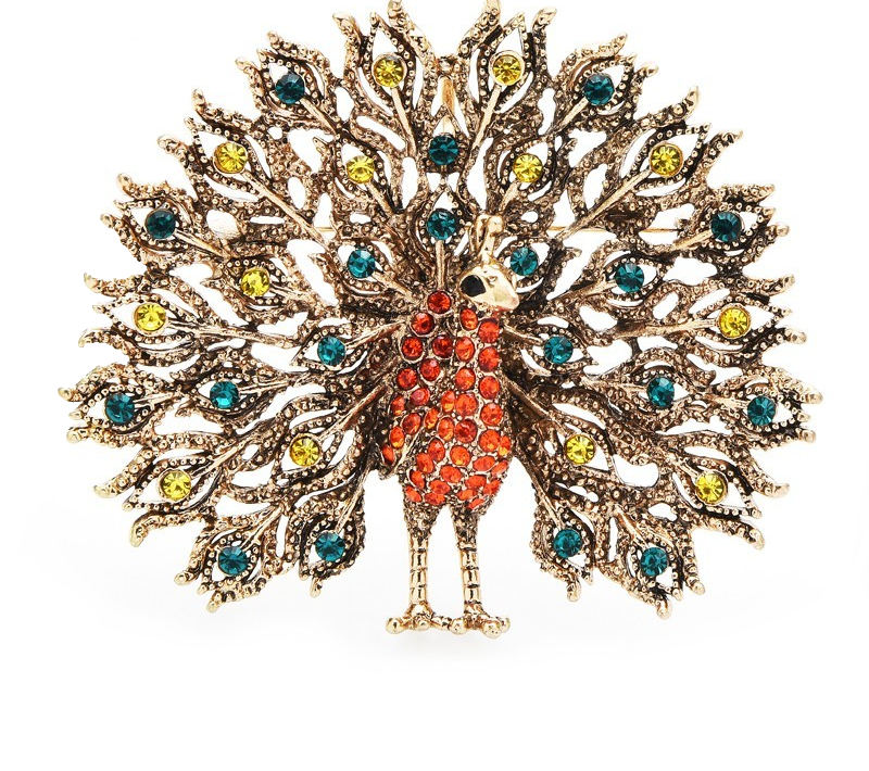 Gold Tone Rhinestone Peacock Brooch Pin Colorful Crystal  Animal Jewelry