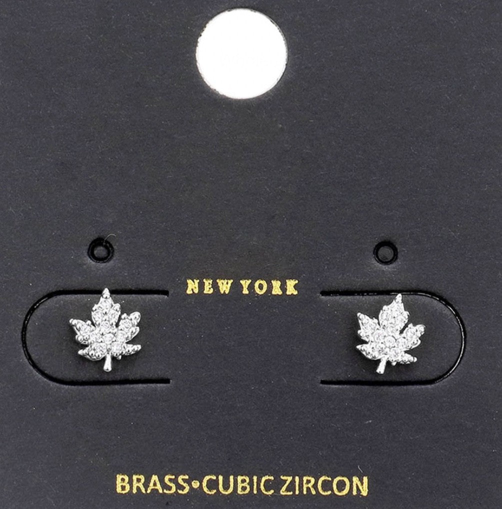 Silver Tone Brass Cubic Zirconia Maple Leaf Botanical Stud Earrings One Pair
