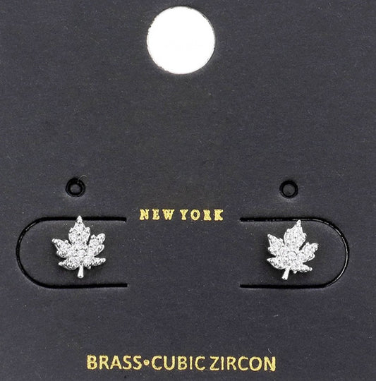 Silver Tone Brass Cubic Zirconia Maple Leaf Botanical Stud Earrings One Pair