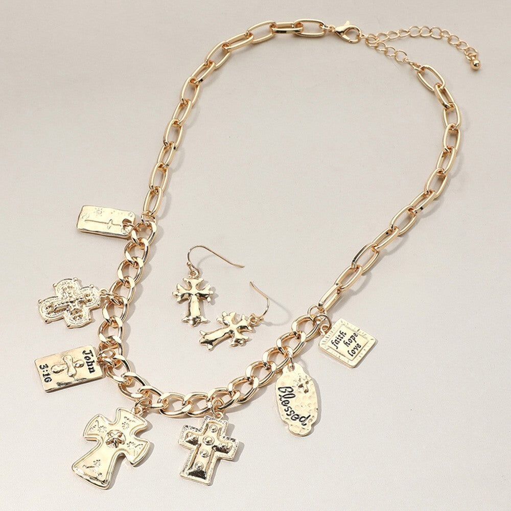 Chunky Chain Necklace Set with Metal Cross and Bible Charm Station for Women