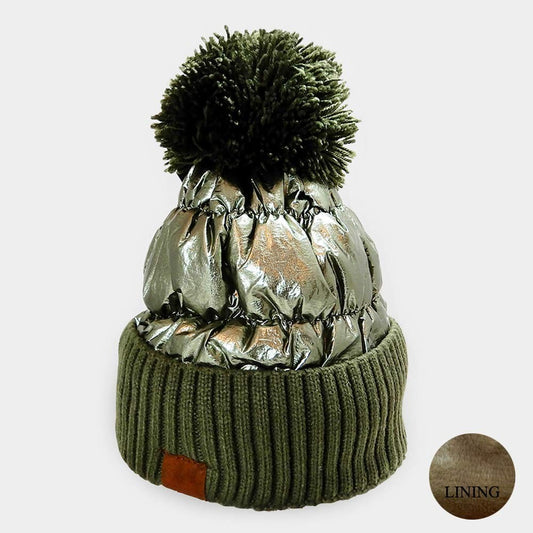 Women's Fleece Lining Metallic Puffer Knit Pom Pom Beanie Cozy Winter Hat Green
