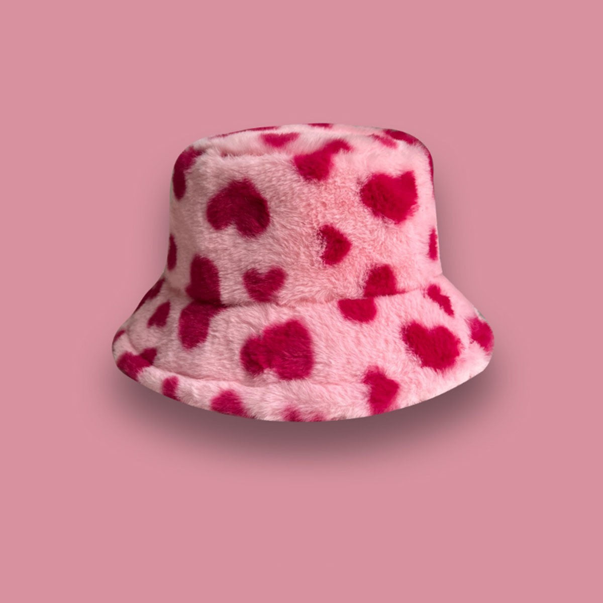 Fluffy Pink Heart Print Faux Fur Bucket Hat Winter Cap Y2K Aesthetic