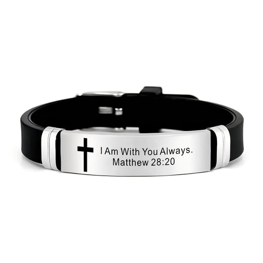 Christian Scripture Bracelet Matthew 28:20 Cross Silicone Stainless Steel Men's