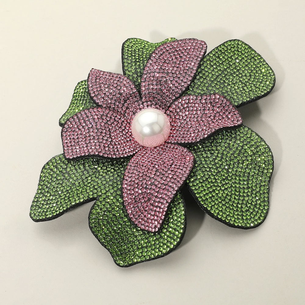 Sparkling Pink Rhinestone Flower Brooch with Green Leaves and Faux Pearl Center